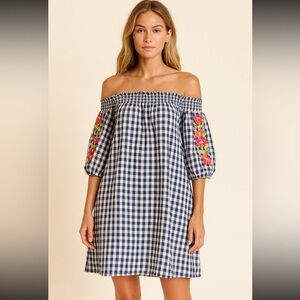Anthropologie Gingham Off-Shoulder Embroidered Lined Cottagecore boho dress